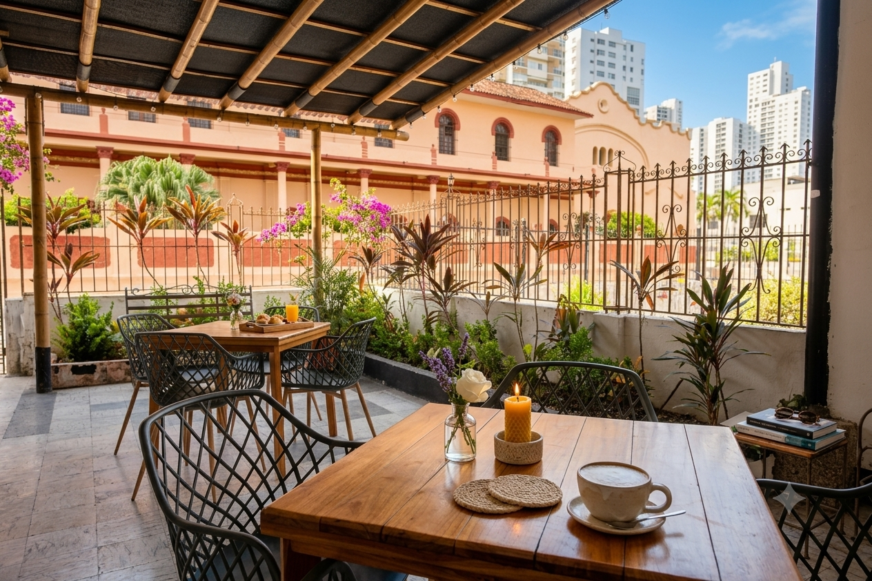 Terraza al aire libre con café recién servido y velas — Casa Santa Cruz & Social Coffee, Manga, Cartagena